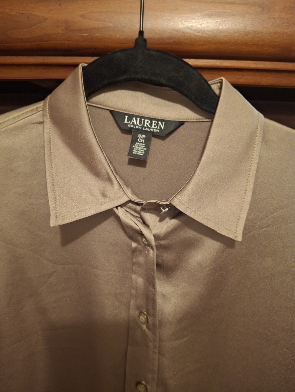 Ralph Lauren Women's Button Down Satin Dress Shirt in Taupe/Brown Color.